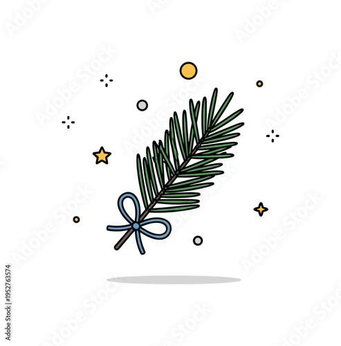 Seasonal pine decor element depicted by a small pine needle sprig tied with a subtle ribbon accent, symbolizing natural ornament and festive greenery. The