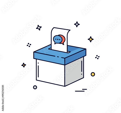 Student feedback anonymous suggestion theme centered on a simple ballot style box with a paper slip showing a small speech bubble icon. A clean editorial