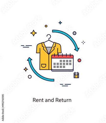 Circular fashion systems rental fashion service represented by a garment on a hanger combined with a small calendar and circular arrows, symbolizing temporary