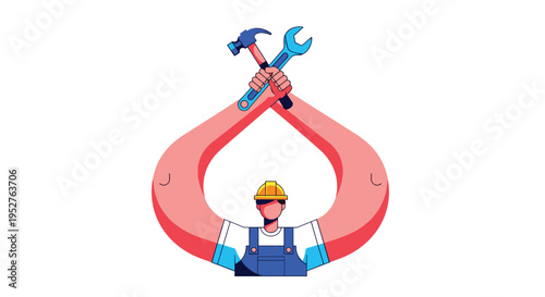 A cartoon worker in a hard hat and overalls holds a hammer and wrench crossed above their head on a plain white background.