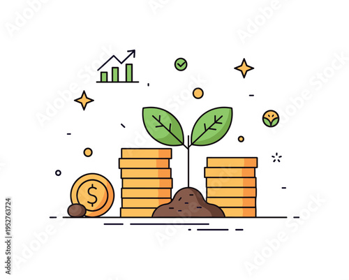 Sustainable economic development theme featuring a small plant growing beside stacked coins. The scene highlights green finance, responsible growth, and long