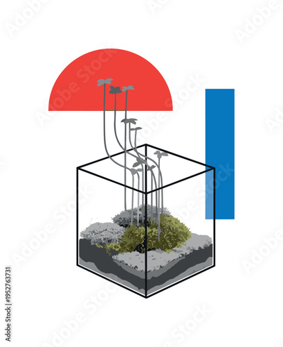 Black and white minimal cube terrarium with moss covering the base and small vertical plant stems, bright red semicircle echoing plant curvature, blue vertical
