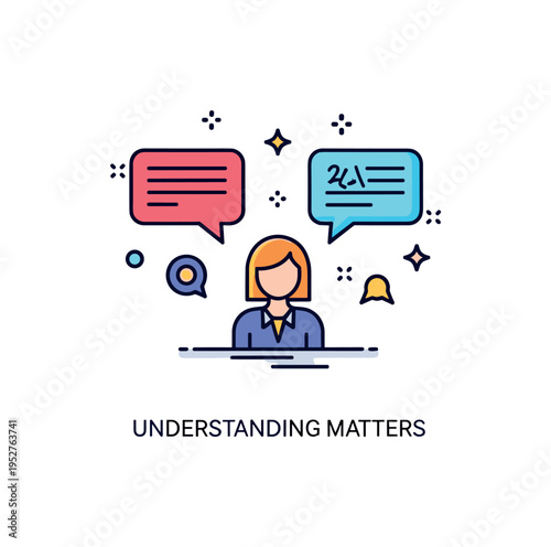 Cultural mediation concept centered on a single figure positioned between two speech bubbles with different scripts. A short ?Understanding Matters? label