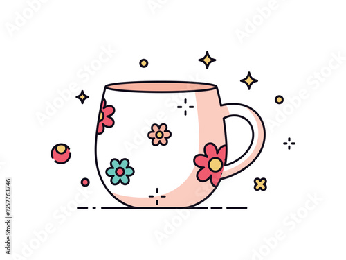 Artisan pottery mug simple rounded mug decorated with colorful floral motifs and tiny sparkle accents highlighting hand crafted detail. A cozy