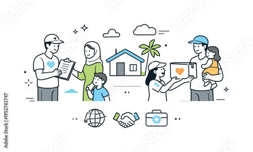 Humanitarian support for climate migrants. Volunteers handing documents and relief boxes to displaced families near a simple shelter icon. Friendly interaction