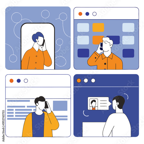 Illustrations of four men using smartphones for calls, messaging, and browsing, depicting modern digital communication and connectivity.
