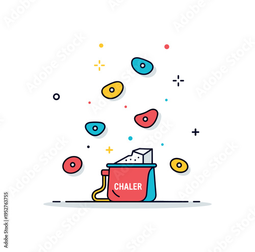 Chalk bag and climbing holds small chalk bag resting beneath a simplified climbing wall with a few bright holds arranged in a clear path. A clean visual