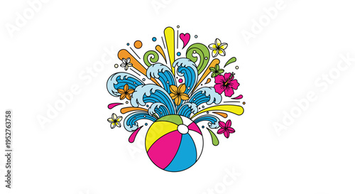 A colorful beach ball with a dynamic splash of blue water, tropical flowers, and abstract shapes exploding from it on a plain white background.