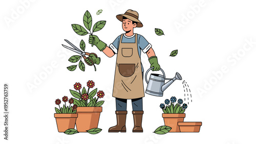 Garden Harmony: A gardener tending to flourishing blooms in a vibrant garden, embodies serenity and nurturing in the art of horticulture.