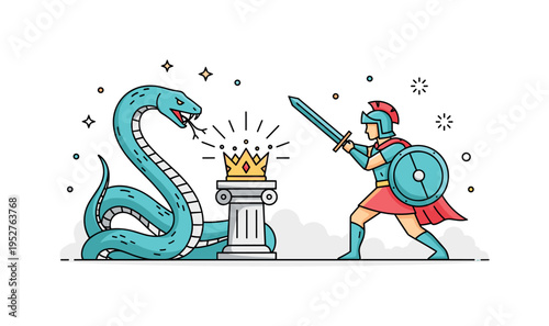 Mythic battle for enchanted crown illustrated with a serpent rising beside a small pedestal holding a glowing crown, while a hero prepares to strike,