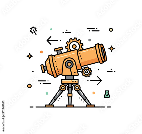 Mechanical turret invention depicted as a small tripod mounted brass cannon with exposed gears and subtle directional arrows to imply rotation and engineered