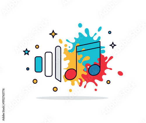 Creative synesthesia abstract shapes resembling musical notes blending into bold paint splashes, symbolizing the ability to see sound and hear color. A poetic