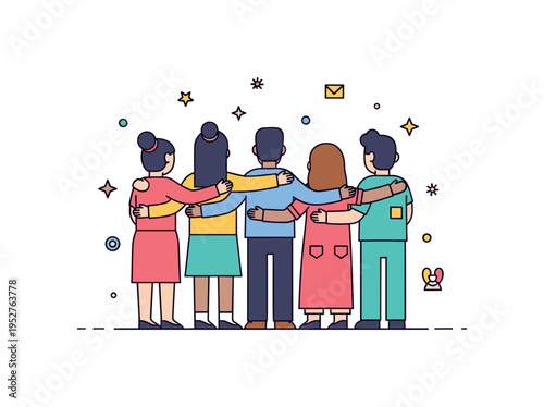Community unity hug scene showing diverse characters standing shoulder to shoulder with arms wrapped around one another, conveying inclusion and belonging. The
