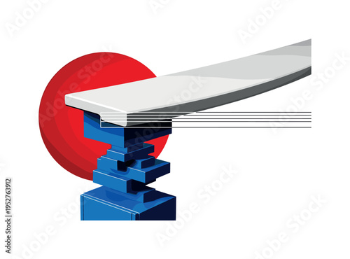 Black and white rounded countertop edge profile enlarged as central object, vibrant deep red semicircle hugging the curve, cobalt blue geometric blocks stacked