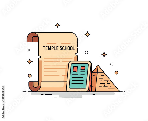 Egyptian temple school papyrus scroll and simple hieroglyph tablet placed near a small pyramid silhouette, representing early literacy and structured