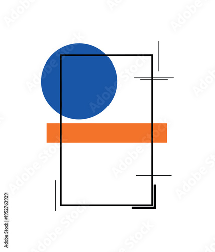 Black and white simple rectangular frame centered precisely, bright cobalt blue circle overlapping its top edge, orange horizontal bar crossing through the
