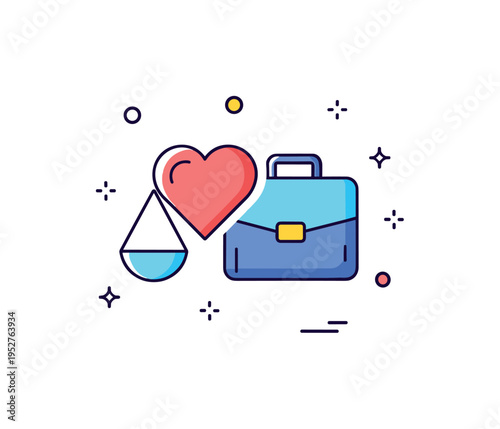Aligning passion and career small heart and briefcase icons merging into one balanced symbol, representing purpose driven professional life. A compact concept