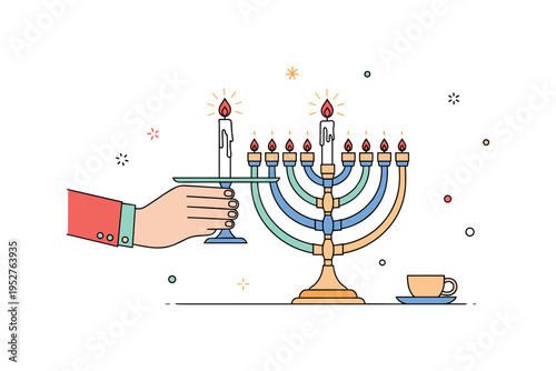 Menorah lighting ceremony featuring a hand holding the shamash candle approaching the central menorah with tiny flame highlights, expressing ritual and shared