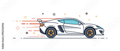 Sports car acceleration moment with bold forward tilt and speed streaks expressing extreme performance and racing intensity. Tiny spark accents emphasize power