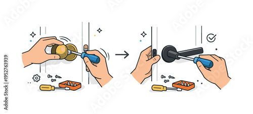Replacing door hardware (knob or handle). A homeowner carefully unscrews an old door knob and installs a new modern handle, small screws and tools neatly