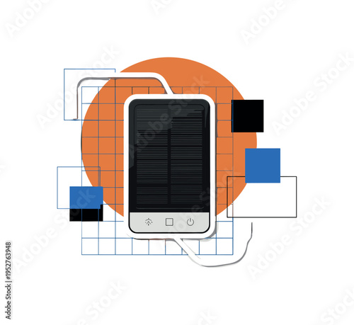 Black and white portable solar charger placed centrally, bold muted orange circle behind like rising sun, thin blue grid lines referencing structured