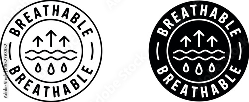 Breathable Fabric Label Icon Vector Illustration – Airflow and Moisture Wicking Textile Badge in Outline and Solid Styles