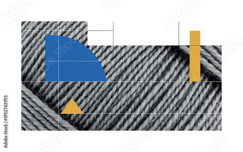 monochrome close-up of yarn texture enlarged as abstract pattern, layered with cobalt blue semicircle and mustard yellow geometric accents, fine linear details