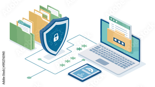 Personal data protection concept with password shield laptop files and secure online login symbolizing cybersecurity and privacy