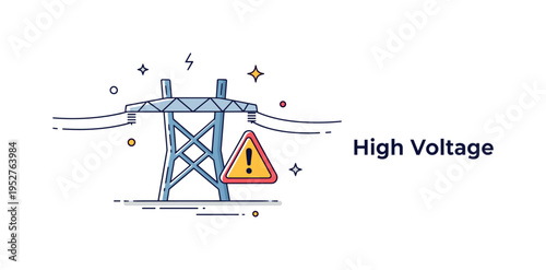 High voltage wires safety awareness scene featuring a power line segment with a visible warning triangle icon nearby, expressing caution and industrial