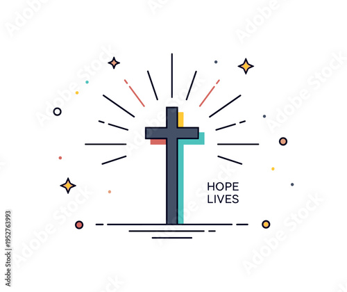 Faith inspired resurrection idea featuring a simple cross silhouette with light rays radiating behind it. A subtle ?Hope Lives? text detail and minimal star