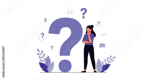 Vector flat design illustration of a woman standing thoughtfully next to a large question mark surrounded by smaller question marks and leaves on a white background.