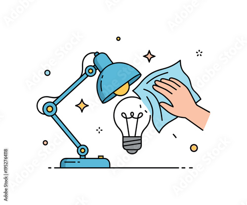 Workspace maintenance scene centered on a simple desk lamp bulb being dusted with a soft cloth, conveying attention to detail, care, and improved environment.