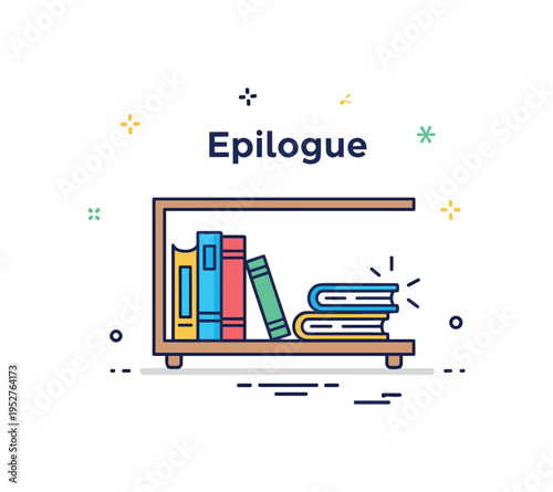 Epilogue showing a small bookshelf with the last book highlighted and a subtle light glow, symbolizing endings, retrospection, and literary reflection.