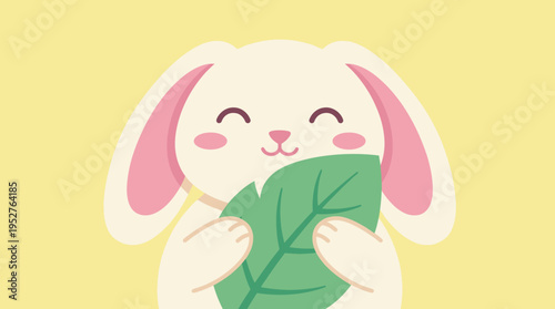 A cute cartoon white rabbit with pink ears and cheeks happily holding a large green leaf on a light yellow background.