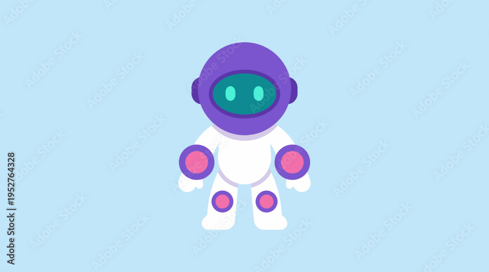 Fototapeta premium Cute cartoon robot character with purple helmet and white body on a light blue background.