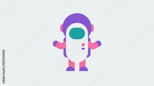 A cute, minimalist illustration of an astronaut character with a purple helmet and pink limbs, standing against a light grey background.