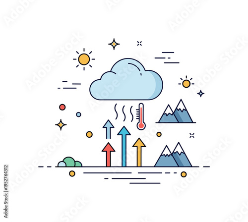 Warm air rising and cooling concept represented by upward arrows moving from ground toward a forming cloud, symbolizing temperature change and moisture