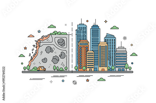 Large scale urban redevelopment zone depicted from above with demolition area on one side and new structures rising on the other, separated by a clear boundary