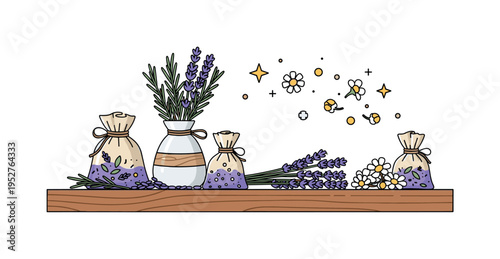Handmade herbal sachets for home fragrance arranged on a wooden table with dried lavender, rosemary, and chamomile spilling gently around, evoking calm and