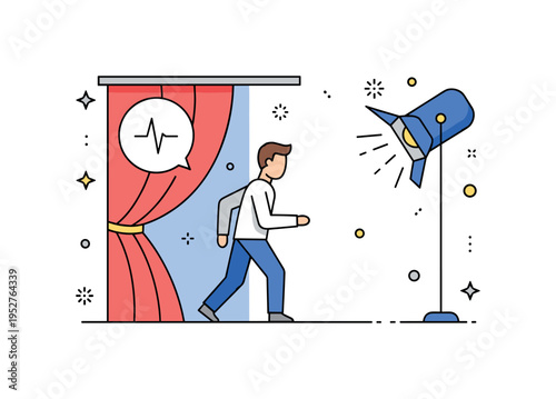 Overcoming stage fright figure stepping forward from behind a curtain with a steady breathing icon and supportive spotlight. A reassuring editorial