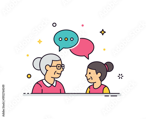 Intergenerational language exchange grandparent and child facing each other with a shared speech bubble between them, conveying continuity, connection and