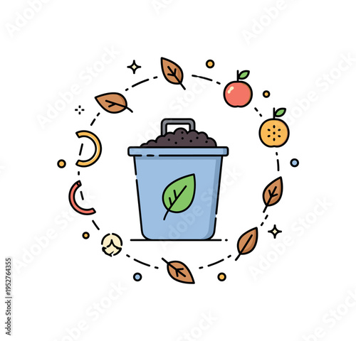 Home composting basics centered on a small backyard compost bin with a green leaf emblem while simple fruit scraps and dry leaves circle around it, symbolizing