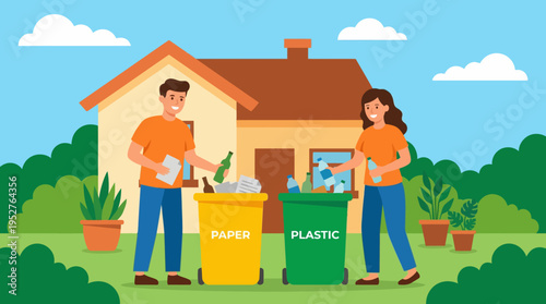 A man and a woman responsibly sorting recyclable waste into separate bins for paper and plastic in front of their house, promoting environmental care.