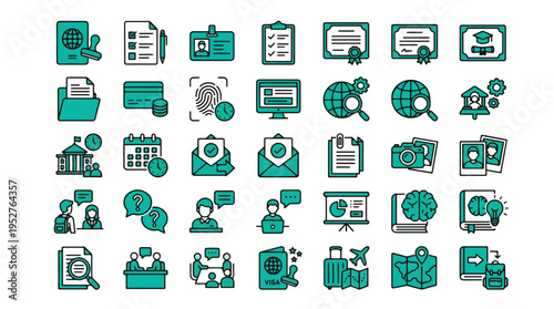 Immigration and Education Document set of icons in line style. A collection of linear icons including visa, passport, diploma, form, identity, travel, checklist, and more. Editable stroke.