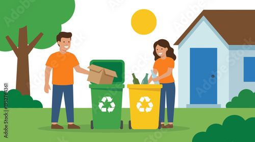 A man and a woman sorting and recycling waste into green and yellow bins outside a house on a sunny day.