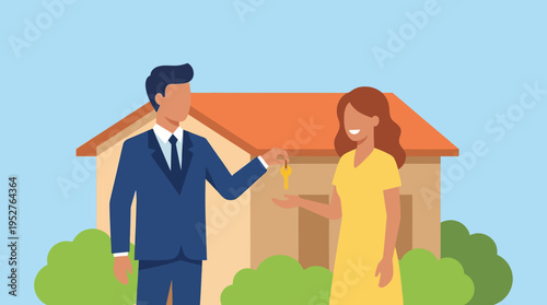Real estate agent handing house keys to a happy woman in front of a new home, symbolizing a successful property transaction.