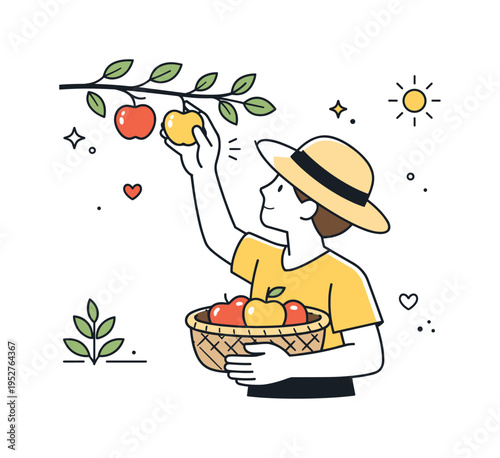 Seasonal fruit picking. A clean scene of a person reaching for fruit on a branch, quiet focus and simple joy, balanced natural composition. Minimalist flat