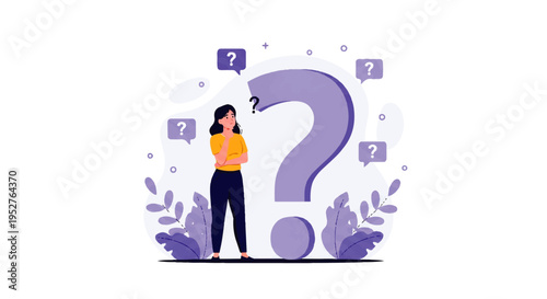 Vector flat design illustration of a woman standing thoughtfully next to a large purple question mark with puzzled expressions and plants around her.