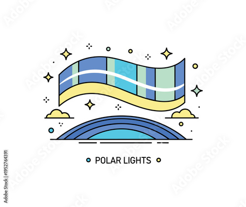 Aurora atmosphere phenomenon illustrated by a curved horizon with flowing light bands above it. Small star accents and a subtle ?Polar Lights? text detail
