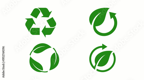 Four green environmental symbols representing recycling, sustainability, eco-friendliness, and nature conservation on a white background.